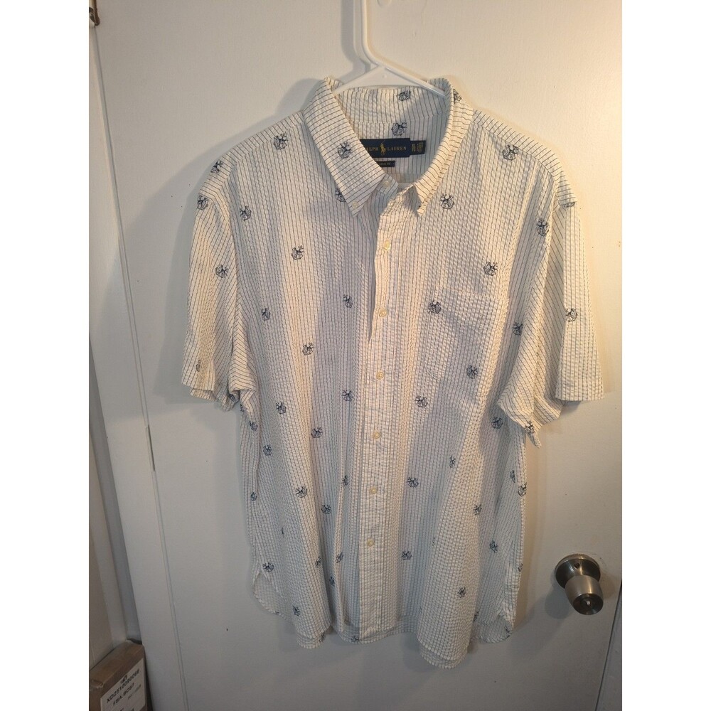 Polo Ralph Lauren Shirt Mens XL Seersucker Blue White Stripe Anchor Dog...